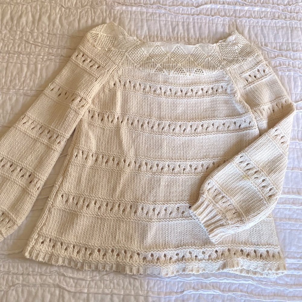Emmer & Oat wide neck woven cream sweater with crochet detail